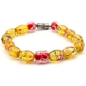 Handmade Glass Bead Bracelet Magnetic Clasp Yellow Red Floral Pattern